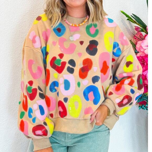 Khaki Multicolor Leopard Printed Drop Shoulder Pullover Sweatshirt Kawaii - Picture 4 of 8